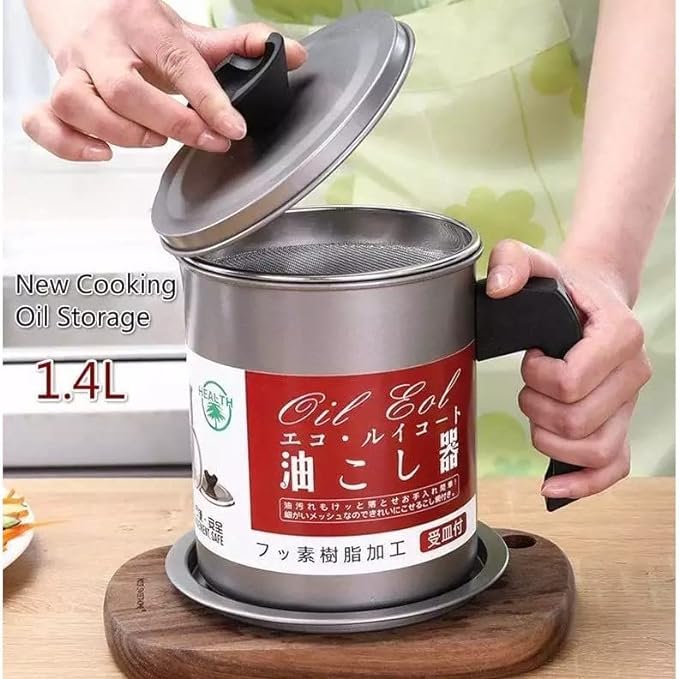 Stainless Steel 1.4L Oil Filter Pot with Strainer Frying Oil Filter Container