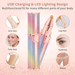 2 IN 1 Rechargeable Electric Eyebrow Trimmer & Shaver for Multiple Body Parts in Lipstick Shape with Rainbow and Pink Color