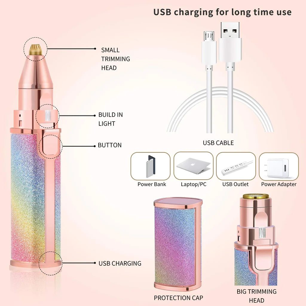 2 IN 1 Rechargeable Electric Eyebrow Trimmer & Shaver for Multiple Body Parts in Lipstick Shape with Rainbow and Pink Color