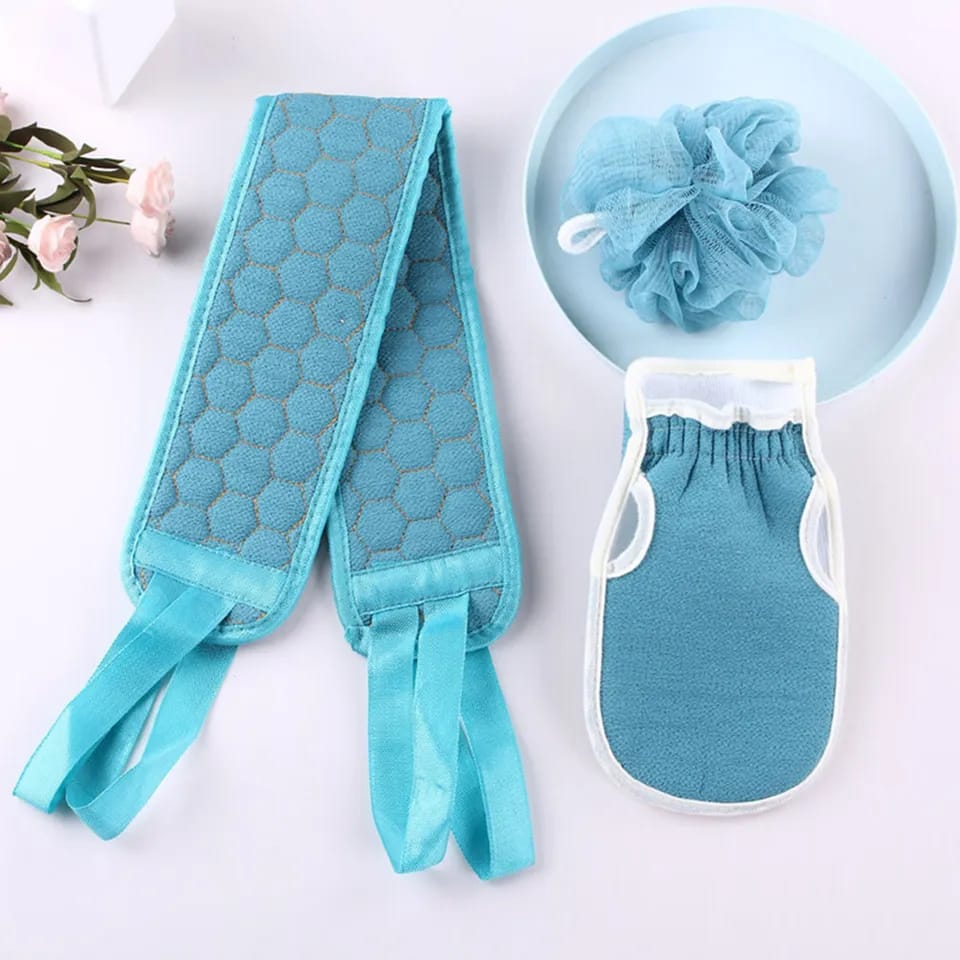 Imported 3 pcs Set of Shower & Bath Kit For Proper Body Hygiene 1 Bath Gloves Brush 1 Bath Shower Ball and 1 Premium Back Scrubber