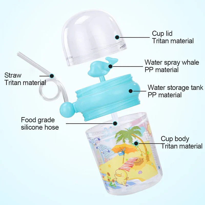 Whale Spray Water Bottle with Straw and Cup For Baby Feeding and Drinking