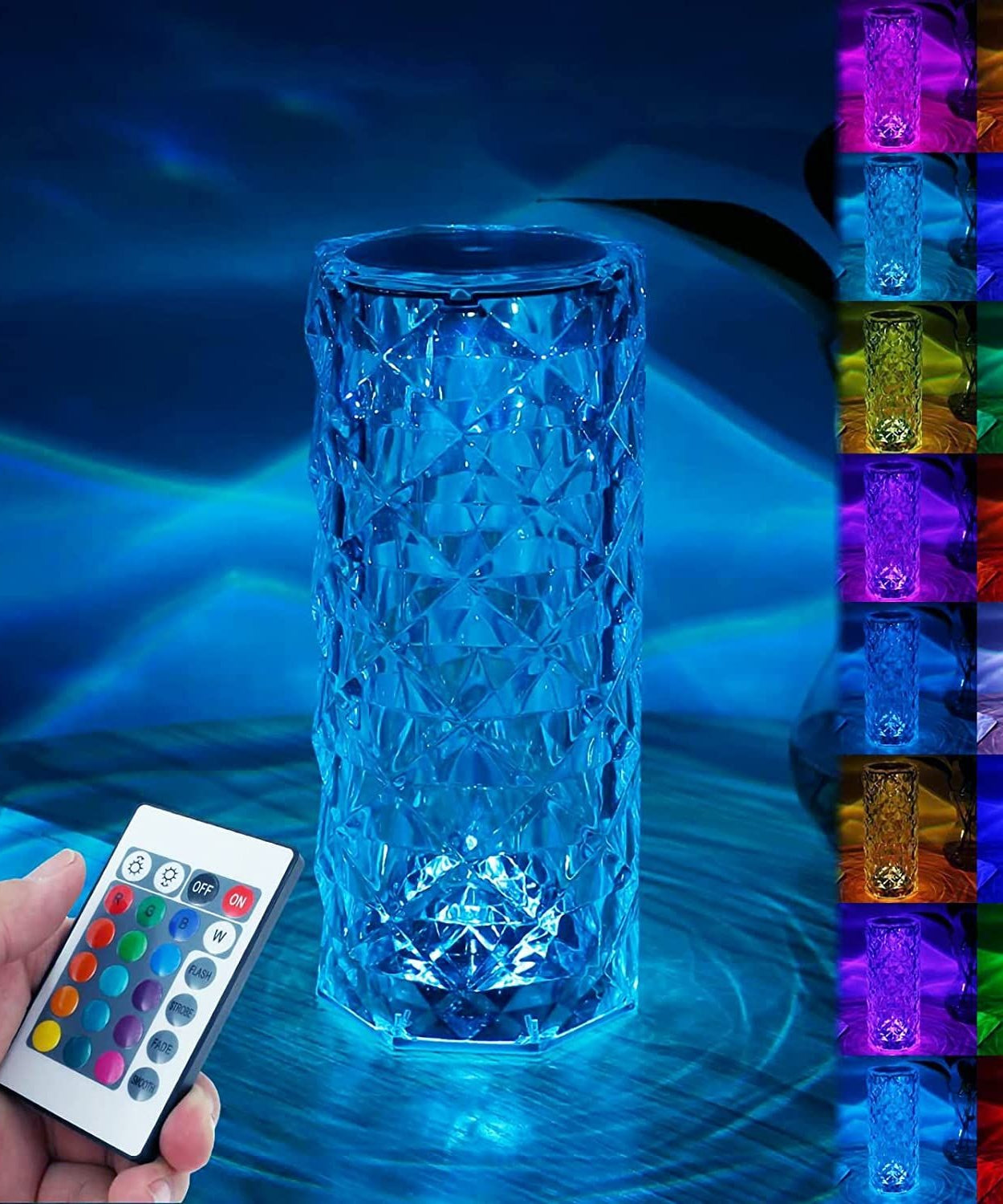 USB Rechargeable Crystal Rose Diamond Touch Lamp LED With RGB 16 Colors and Remote
