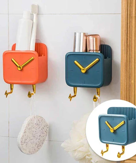 (Pack of 2) Creative Clock Wall Hanging Storage Box with Hook Kitchen & Bathroom Bedside and Organizer Shelf Mobile Phone Holder