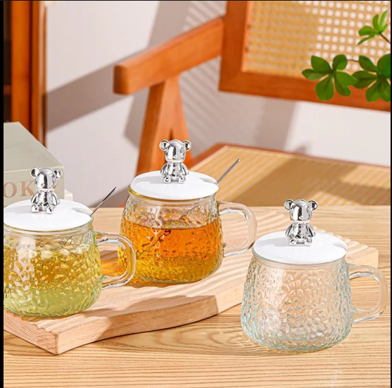 Cute and Creative Heat Resistant Bear Glass Tea Cup Coffee Milk Drinking Set with Lid and Straw in just Rs 899