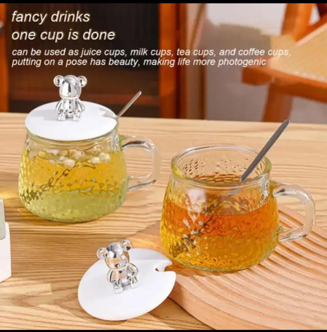 Cute and Creative Heat Resistant Bear Glass Tea Cup Coffee Milk Drinking Set with Lid and Straw in just Rs 899