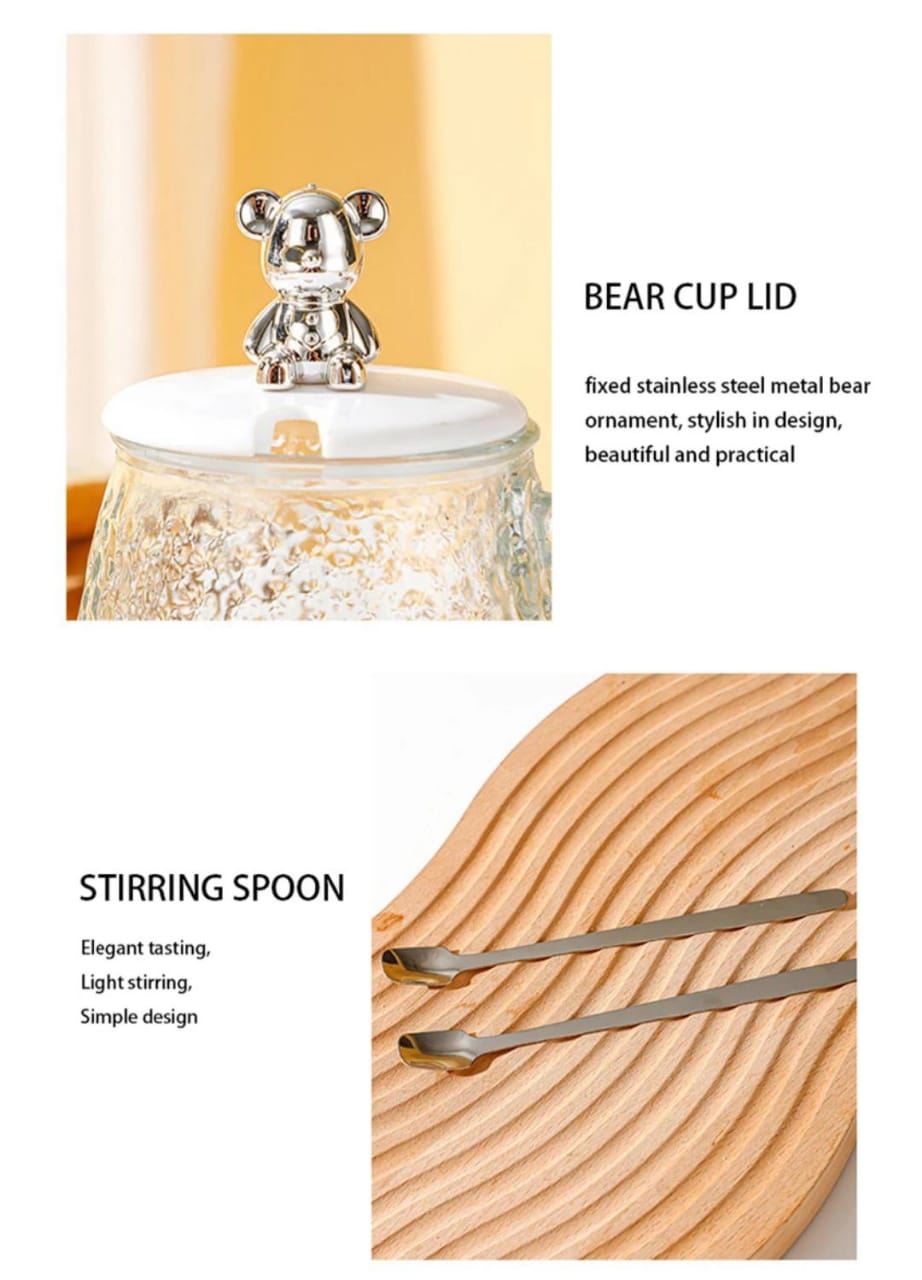 Cute and Creative Heat Resistant Bear Glass Tea Cup Coffee Milk Drinking Set with Lid and Straw in just Rs 899