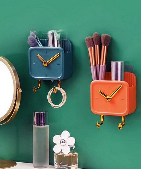 (Pack of 2) Creative Clock Wall Hanging Storage Box with Hook Kitchen & Bathroom Bedside and Organizer Shelf Mobile Phone Holder