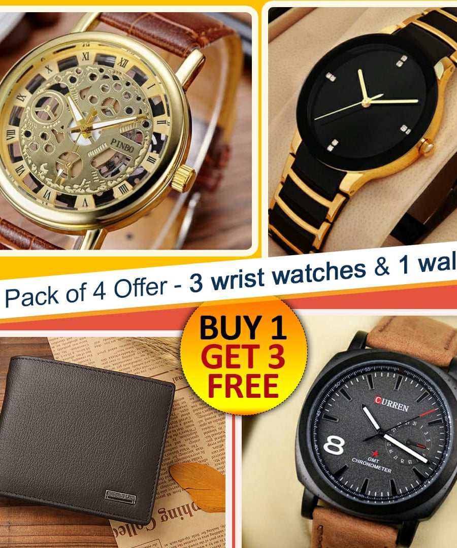 Buy 1 Get 3 Free Deal 3 Wrist Watches & 1 Original Leather Wallet