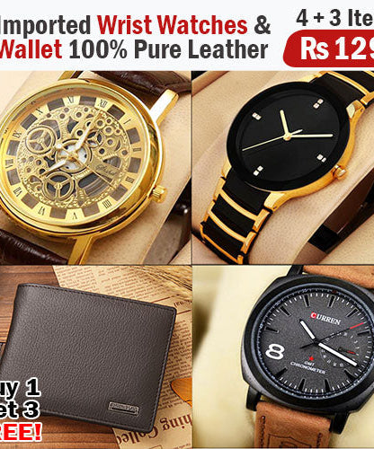 Buy 1 Get 3 Free Deal 3 Wrist Watches & 1 Original Leather Wallet