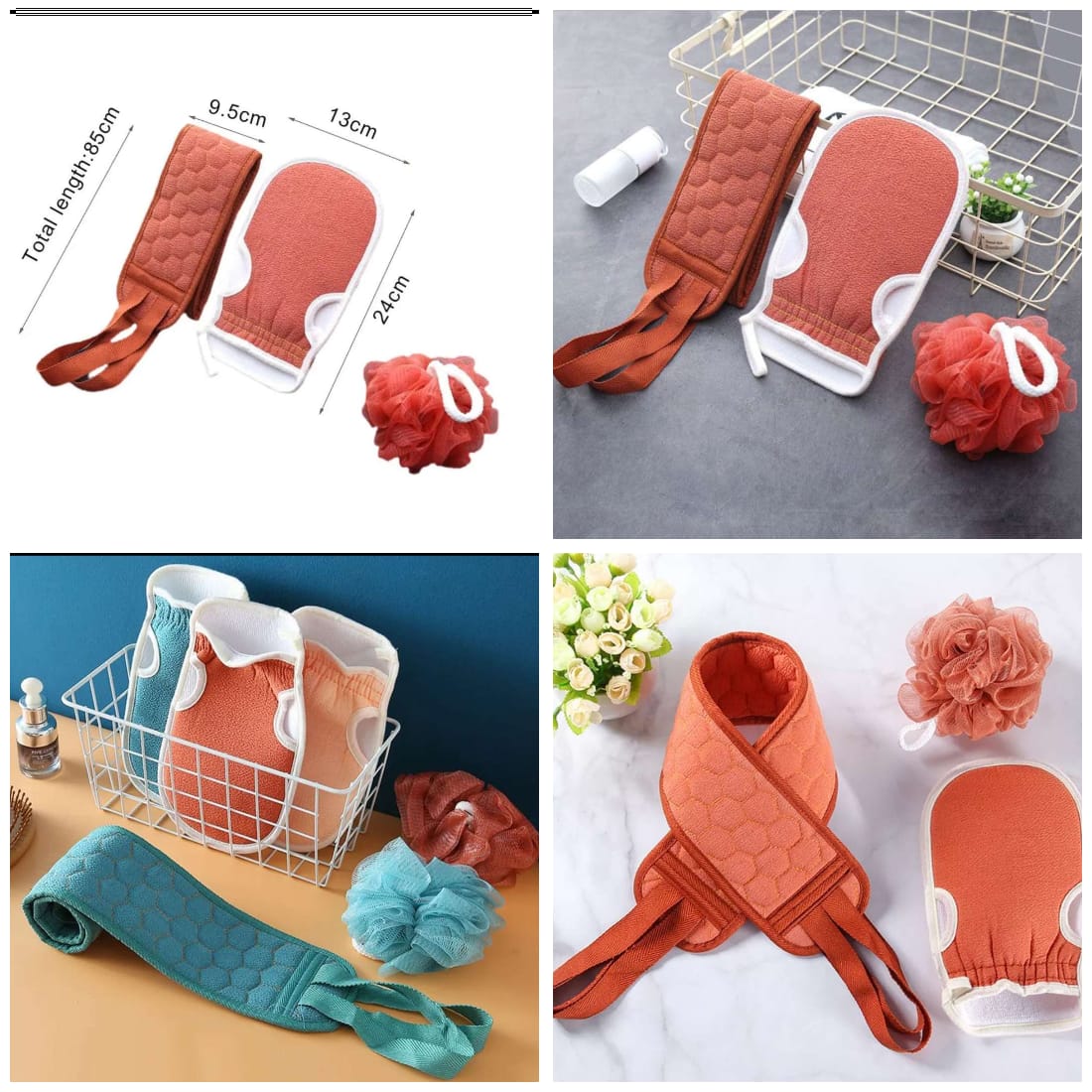 Imported 3 pcs Set of Shower & Bath Kit For Proper Body Hygiene 1 Bath Gloves Brush 1 Bath Shower Ball and 1 Premium Back Scrubber