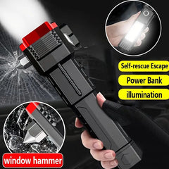 Rechargeable Long Distance Beam Range Car Rescue Torch with Hammer Window Glass and Seat Belt Cutter Built in Mobile USB Fast Charger Power Bank