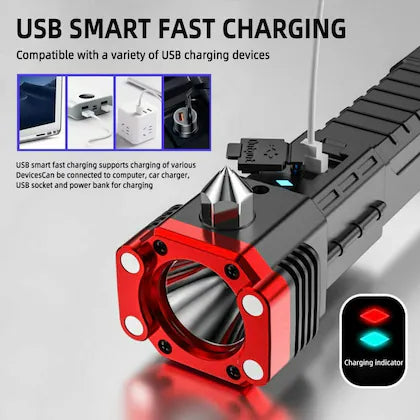 Rechargeable Long Distance Beam Range Car Rescue Torch with Hammer Window Glass and Seat Belt Cutter Built in Mobile USB Fast Charger Power Bank